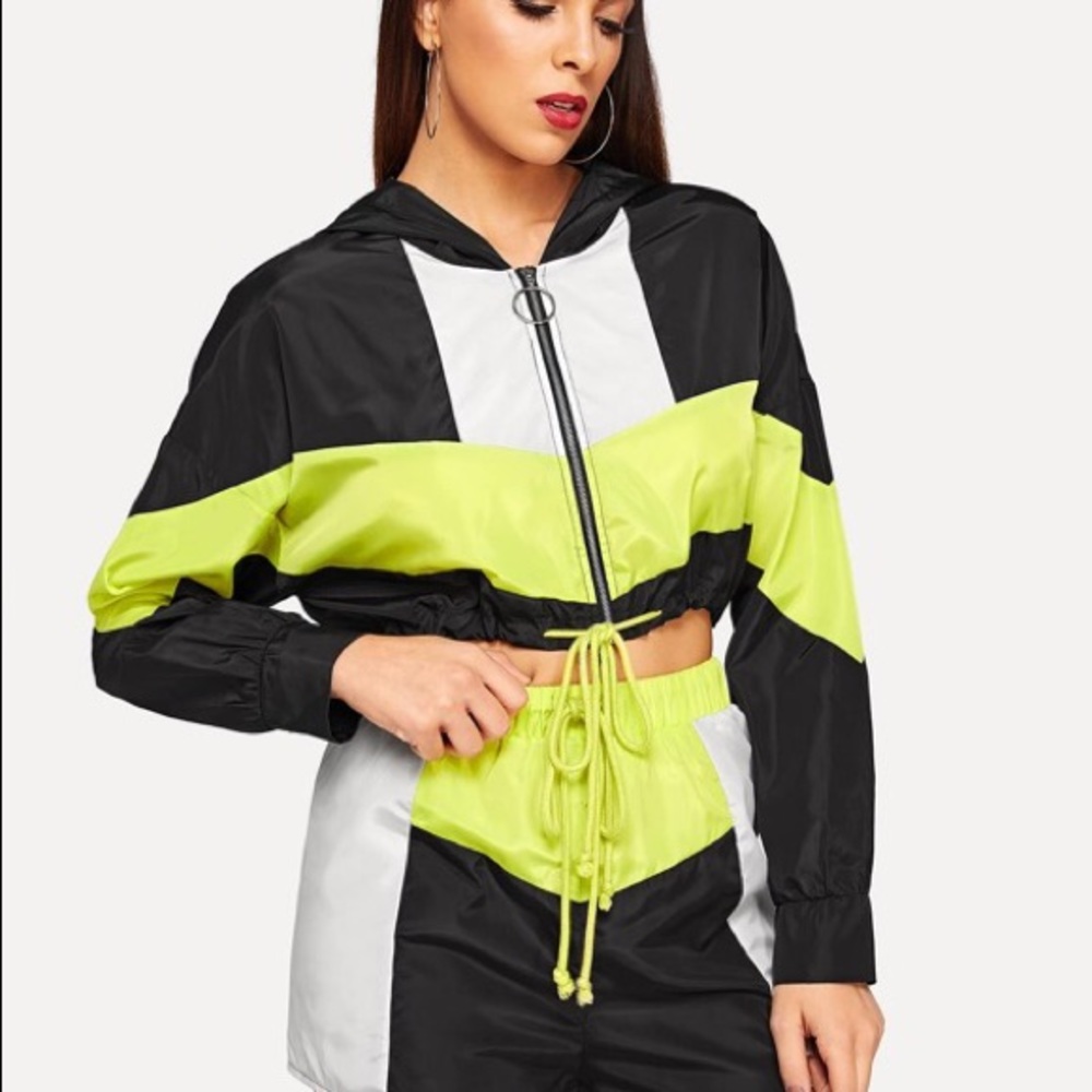 Colorblock Drawstring Hooded Jacket and Shorts Set